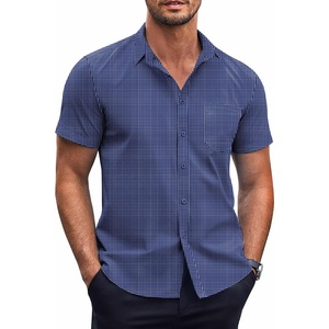 image:imageCOOFANDY Mens Short Sleeve Button Down Shirts Wrinkle Free Dress Shirts Casual Polka Dot Print Shirt with PocketBlue Plaidsquare