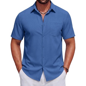 image:imageCOOFANDY Mens Short Sleeve Casual Button Down Shirts Summer Beach Wedding Textured Linen Shirt for MenBlue
