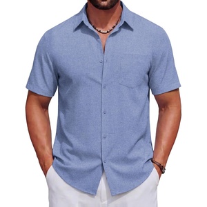 image:imageCOOFANDY Mens Short Sleeve Casual Button Down Shirts Summer Beach Wedding Textured Linen Shirt for MenDenim Blue