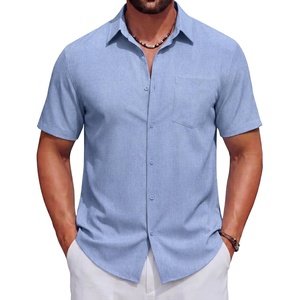 image:imageCOOFANDY Mens Short Sleeve Casual Button Down Shirts Summer Beach Wedding Textured Linen Shirt for MenLight Blue