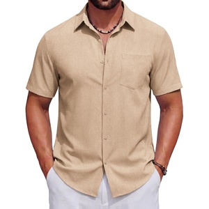 image:imageCOOFANDY Mens Short Sleeve Casual Button Down Shirts Summer Beach Wedding Textured Linen Shirt for MenLight Khaki