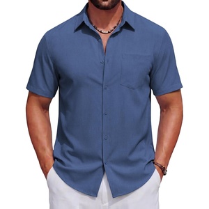 image:imageCOOFANDY Mens Short Sleeve Casual Button Down Shirts Summer Beach Wedding Textured Linen Shirt for MenNavy Blue