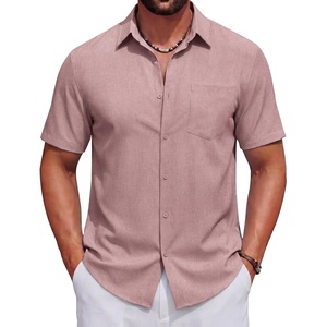 image:imageCOOFANDY Mens Short Sleeve Casual Button Down Shirts Summer Beach Wedding Textured Linen Shirt for MenPink