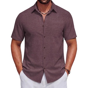 image:imageCOOFANDY Mens Short Sleeve Casual Button Down Shirts Summer Beach Wedding Textured Linen Shirt for MenWine Red