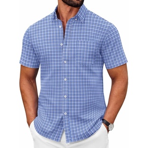 image:imageCOOFANDY Mens Short Sleeve Oxford Shirt Plaid Casual Button Down Shirts Summer Untucked Dress Shirt with Pocket01blue Plaid