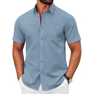 image:imageCOOFANDY Mens Short Sleeve Oxford Shirt Plaid Casual Button Down Shirts Summer Untucked Dress Shirt with PocketDenim Blue