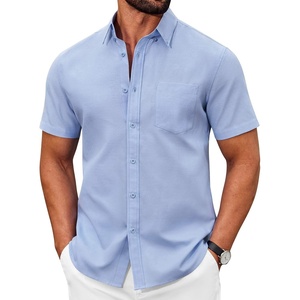 image:imageCOOFANDY Mens Short Sleeve Oxford Shirt Plaid Casual Button Down Shirts Summer Untucked Dress Shirt with PocketLight Blue