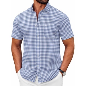 image:imageCOOFANDY Mens Short Sleeve Oxford Shirt Plaid Casual Button Down Shirts Summer Untucked Dress Shirt with PocketLight Blue Plaid