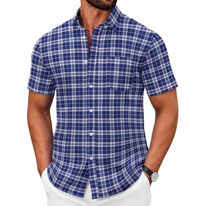 image:imageCOOFANDY Mens Short Sleeve Oxford Shirt Plaid Casual Button Down Shirts Summer Untucked Dress Shirt with PocketNavy Blue Plaid