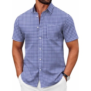 image:imageCOOFANDY Mens Short Sleeve Oxford Shirt Plaid Casual Button Down Shirts Summer Untucked Dress Shirt with PocketNavy Blue White Plaid