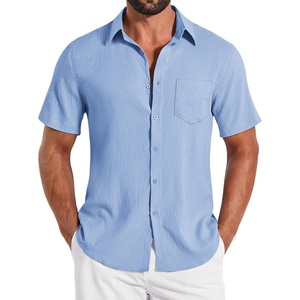 image:imageCOOFANDY Shirts for Mens Button Down Short Sleeve Shirts Casual Summer Beach Textured Shirts with PocketLight Blue