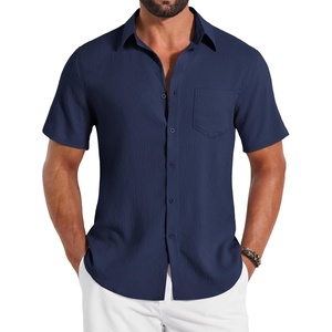 image:imageCOOFANDY Shirts for Mens Button Down Short Sleeve Shirts Casual Summer Beach Textured Shirts with PocketNavy Blue