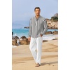 image:imageCOOFANDY Mens 2 Pieces Cotton Linen Set Long Sleeve Henley Shirts Casual Beach Pants With Pockets Summer Yoga OutfitsBlack Striped