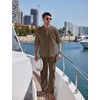 image:imageCOOFANDY Mens 2 Pieces Cotton Linen Set Long Sleeve Henley Shirts Casual Beach Pants With Pockets Summer Yoga OutfitsBrown