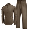 image:imageCOOFANDY Mens 2 Pieces Cotton Linen Set Long Sleeve Henley Shirts Casual Beach Pants With Pockets Summer Yoga OutfitsBrown