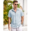 image:imageCOOFANDY Mens Casual Button Down Shirts Short Sleeve Linen Shirts Summer Beach Dress ShirtClear Blue