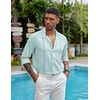 image:imageCOOFANDY Mens Cuban Guayabera Shirt Casual Long Sleeve Button Down Shirts Band Collar Linen Summer Beach ShirtBaby Blue