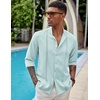 image:imageCOOFANDY Mens Cuban Guayabera Shirt Casual Long Sleeve Button Down Shirts Band Collar Linen Summer Beach ShirtBaby Blue