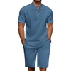 image:imageCOOFANDY Mens 2 Pieces Linen Set Casual Henley Shirts Short Sleeve Beach Yoga Shorts Summer Pants OutfitsDark Blue
