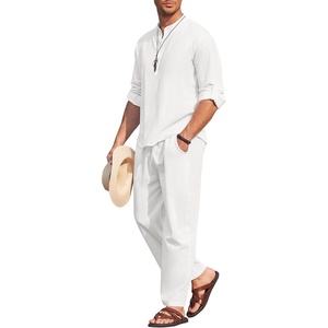 image:imageCOOFANDY Mens 2 Pieces Cotton Linen Set Long Sleeve Henley Shirts Casual Beach Pants With Pockets Summer Yoga OutfitsAll White