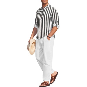 image:imageCOOFANDY Mens 2 Pieces Cotton Linen Set Long Sleeve Henley Shirts Casual Beach Pants With Pockets Summer Yoga OutfitsBlack Striped