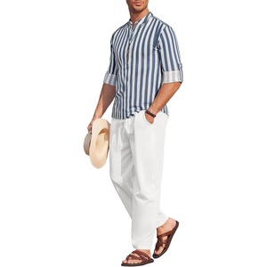 image:imageCOOFANDY Mens 2 Pieces Cotton Linen Set Long Sleeve Henley Shirts Casual Beach Pants With Pockets Summer Yoga OutfitsBlue Striped