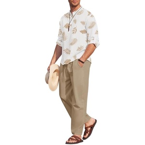 image:imageCOOFANDY Mens 2 Pieces Cotton Linen Set Long Sleeve Henley Shirts Casual Beach Pants With Pockets Summer Yoga OutfitsPalm Leaf