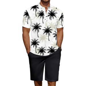 image:imageCOOFANDY Mens 2 Pieces Linen Set Casual Henley Shirts Short Sleeve Beach Yoga Shorts Summer Pants OutfitsCoconut Plant Pattern