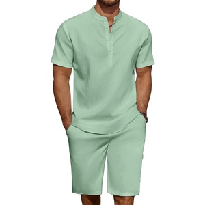 image:imageCOOFANDY Mens 2 Pieces Linen Set Casual Henley Shirts Short Sleeve Beach Yoga Shorts Summer Pants OutfitsIce Green