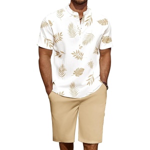 image:imageCOOFANDY Mens 2 Pieces Linen Set Casual Henley Shirts Short Sleeve Beach Yoga Shorts Summer Pants OutfitsPalm Pattern