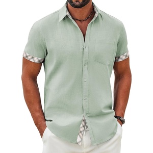 image:imageCOOFANDY Mens Button Down Shirts Short Sleeve Casual Cotton Shirts Summer Beach Wedding Shirt with PocketLight Greenplaid