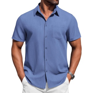 image:imageCOOFANDY Mens Button Down Short Sleeve Shirt Casual Summer Stretch Denim Dress Shirts with PocketBlue