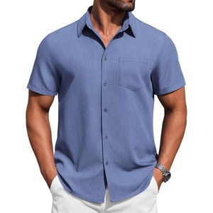 image:imageCOOFANDY Mens Button Down Short Sleeve Shirt Casual Summer Stretch Denim Dress Shirts with PocketDenim Blue