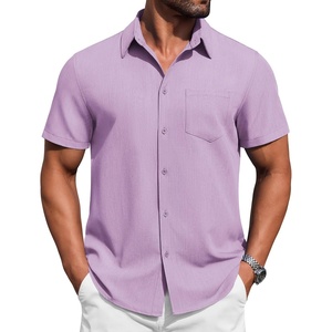 image:imageCOOFANDY Mens Button Down Short Sleeve Shirt Casual Summer Stretch Denim Dress Shirts with PocketLavender