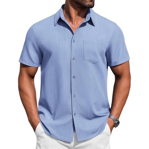 image:imageCOOFANDY Mens Button Down Short Sleeve Shirt Casual Summer Stretch Denim Dress Shirts with PocketLight Blue