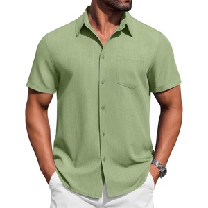 image:imageCOOFANDY Mens Button Down Short Sleeve Shirt Casual Summer Stretch Denim Dress Shirts with PocketLight Green