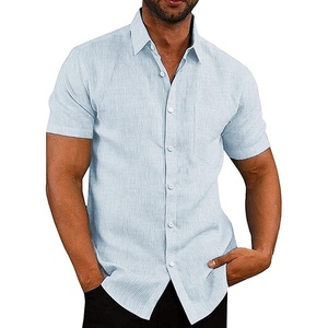 image:imageCOOFANDY Mens Casual Button Down Shirts Short Sleeve Linen Shirts Summer Beach Dress ShirtClear Blue