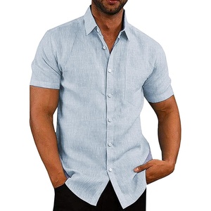 image:imageCOOFANDY Mens Casual Button Down Shirts Short Sleeve Linen Shirts Summer Beach Dress ShirtFlecking Light Blue