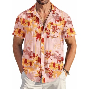 image:imageCOOFANDY Mens Casual Button Down Shirts Short Sleeve Textured Summer Beach Shirt with PocketCoral Pinktropical Style