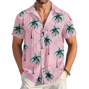 image:imageCOOFANDY Mens Casual Button Down Shirts Short Sleeve Textured Summer Beach Shirt with PocketPink  Flamingo