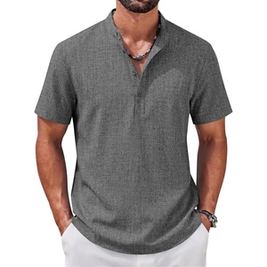 image:imageCOOFANDY Mens Casual Henley Shirt Band Collar Short Sleeve Shirt for Mens Summer Beach TShirts VacationDark Gray