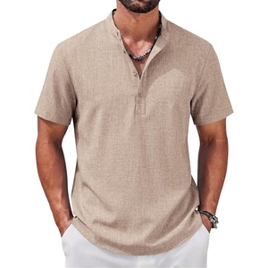 image:imageCOOFANDY Mens Casual Henley Shirt Band Collar Short Sleeve Shirt for Mens Summer Beach TShirts VacationKakhi