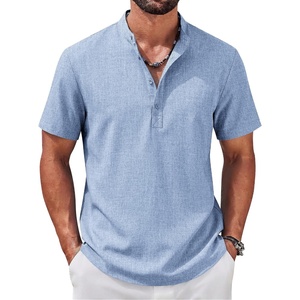 image:imageCOOFANDY Mens Casual Henley Shirt Band Collar Short Sleeve Shirt for Mens Summer Beach TShirts VacationLight Blue