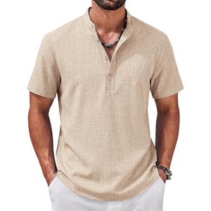 image:imageCOOFANDY Mens Casual Henley Shirt Band Collar Short Sleeve Shirt for Mens Summer Beach TShirts VacationLight Brown