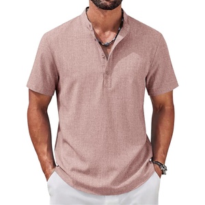 image:imageCOOFANDY Mens Casual Henley Shirt Band Collar Short Sleeve Shirt for Mens Summer Beach TShirts VacationLight Pink
