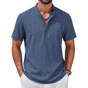 image:imageCOOFANDY Mens Casual Henley Shirt Band Collar Short Sleeve Shirt for Mens Summer Beach TShirts VacationNavy Blue