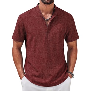 image:imageCOOFANDY Mens Casual Henley Shirt Band Collar Short Sleeve Shirt for Mens Summer Beach TShirts VacationWine Red