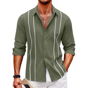 image:imageCOOFANDY Mens Cuban Guayabera Shirt Casual Button Down Shirts Long Sleeve Summer Beach ShirtsArmy Greenwhite Webbing