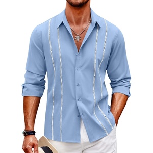 image:imageCOOFANDY Mens Cuban Guayabera Shirt Casual Button Down Shirts Long Sleeve Summer Beach ShirtsBluewhite Webbing