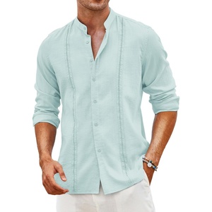 image:imageCOOFANDY Mens Cuban Guayabera Shirt Casual Long Sleeve Button Down Shirts Band Collar Linen Summer Beach ShirtBaby Blue